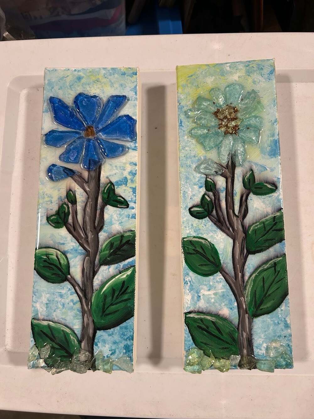 Handmade by Alisson Painted Canvas Wall Art Set with Sea Glass Flowers